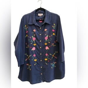 Handcrafted Guatemala Embroidered Floral Cotton Button Shirt Boho Folk  Size L